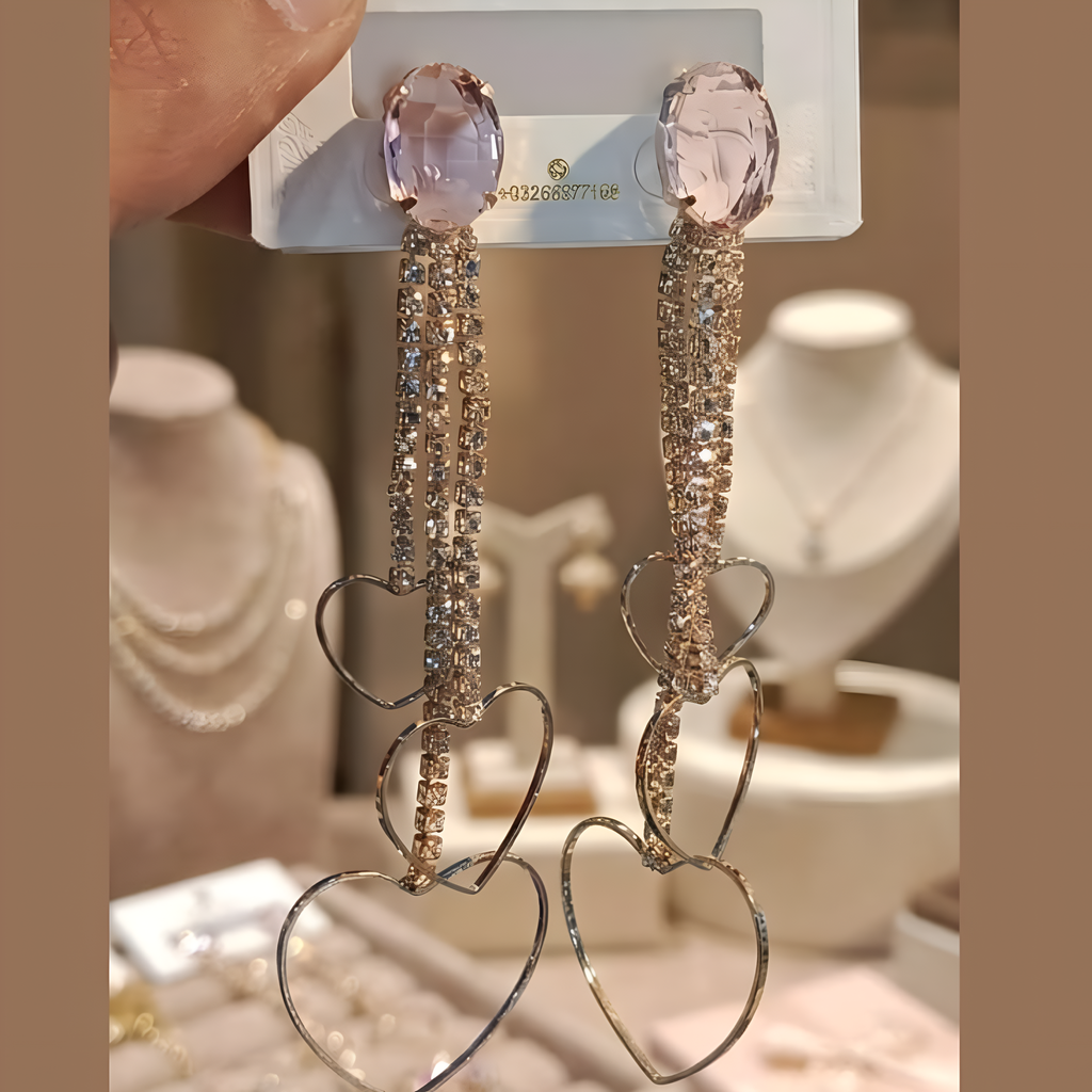 Zewar-e-Khas Triple Heart Crystal Tassel Earrings - Luxurious Party Wear