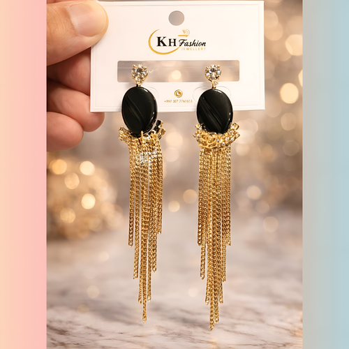 Royal Black & Gold & Silver Vintage Statement Fringe Earrings