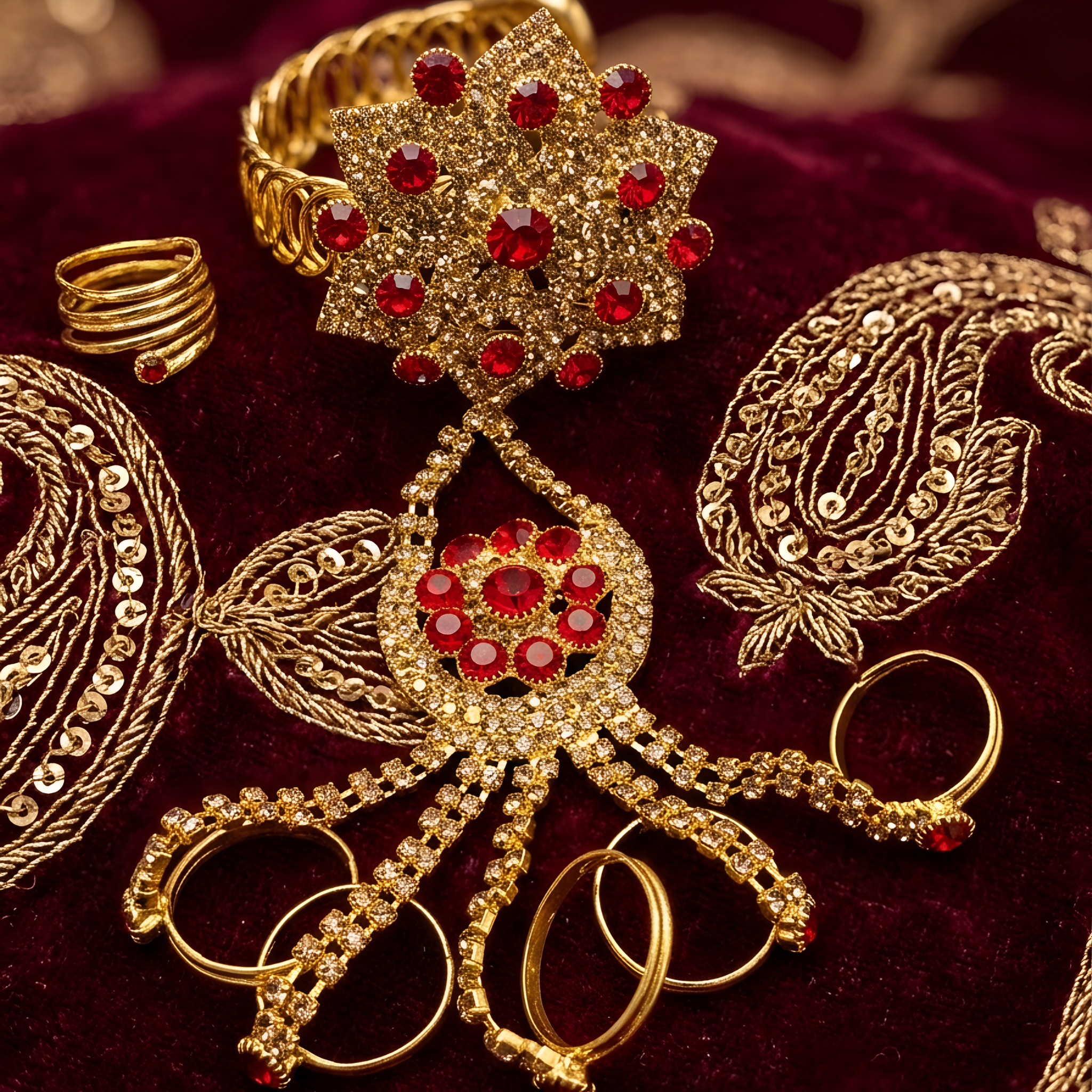 Complete Wedding Jewelry Set - Elegant Crystal Choker, Tikka & Integrated Hand-Flower with Rings