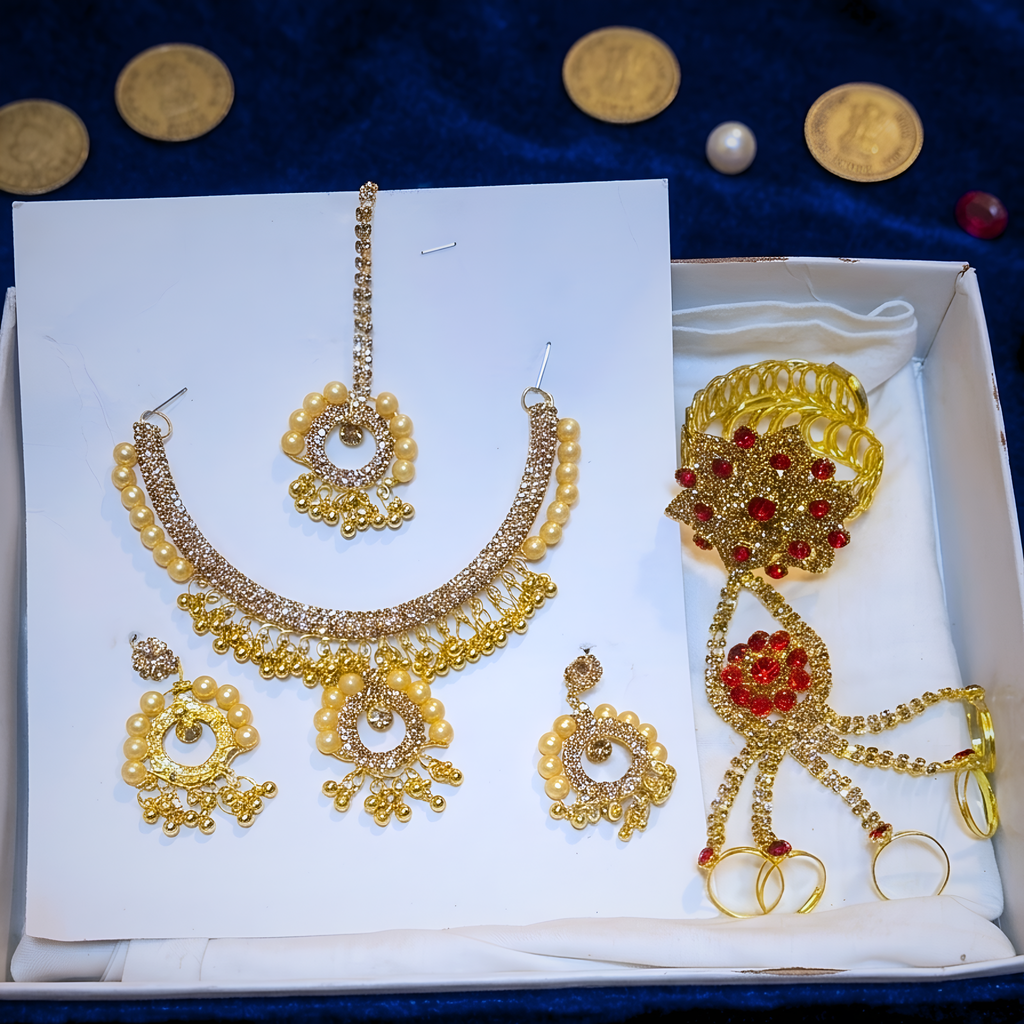 Complete Wedding Jewelry Set - Elegant Crystal Choker, Tikka & Integrated Hand-Flower with Rings