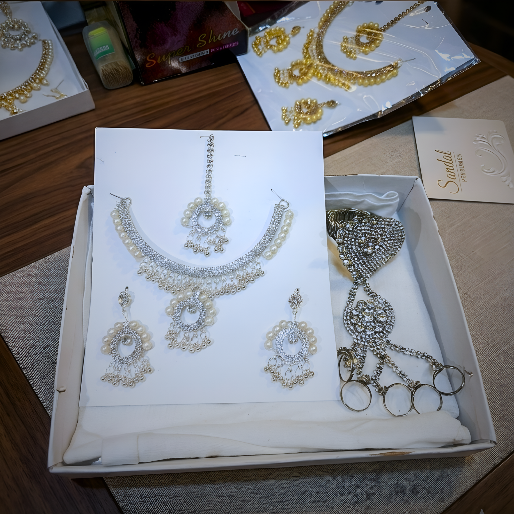 Complete Wedding Jewelry Set - Elegant Crystal Choker, Tikka & Integrated Hand-Flower with Rings