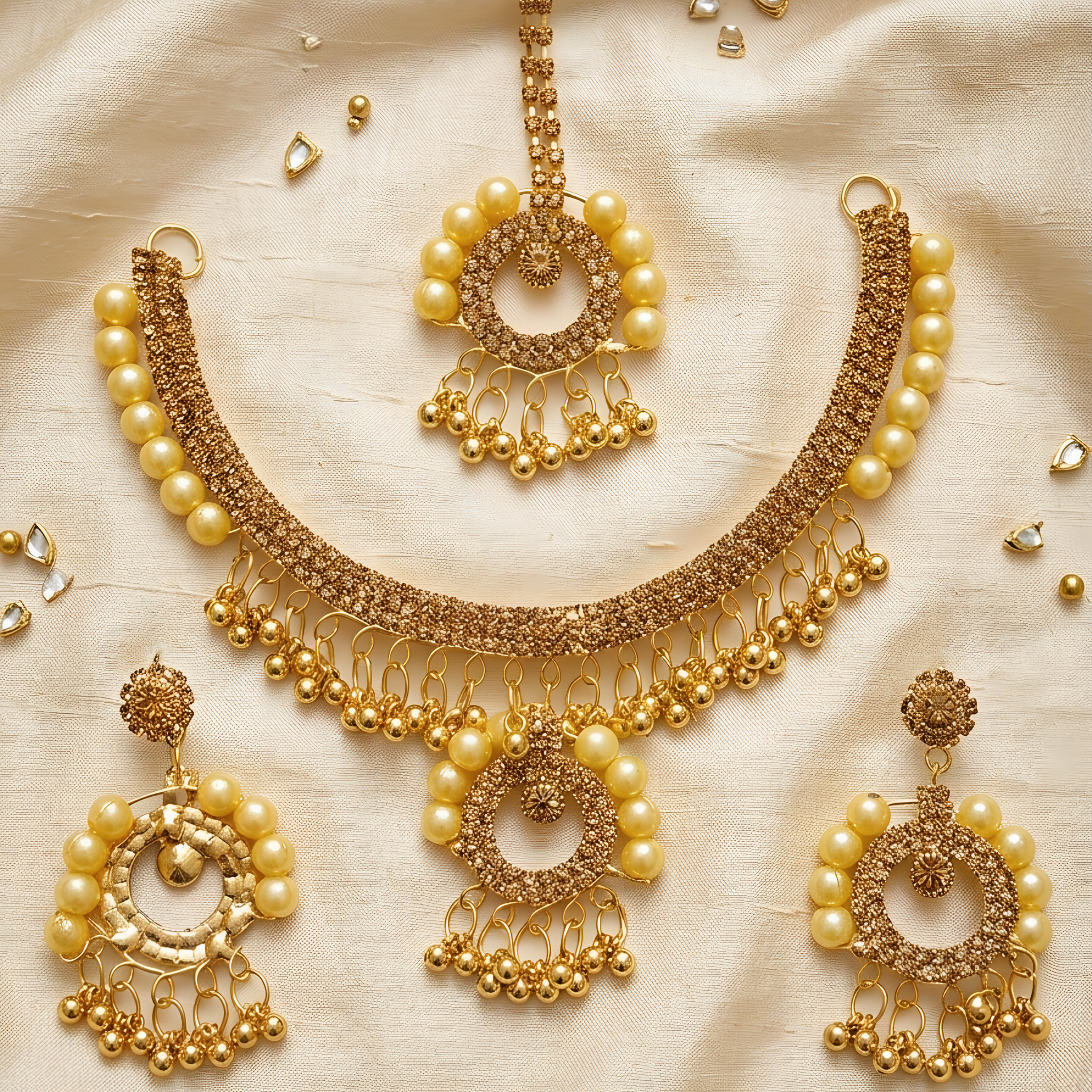 Complete Wedding Jewelry Set - Elegant Crystal Choker, Tikka & Integrated Hand-Flower with Rings