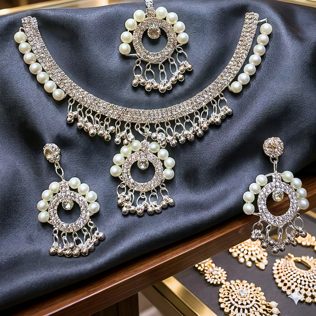 Complete Wedding Jewelry Set - Elegant Crystal Choker, Tikka & Integrated Hand-Flower with Rings