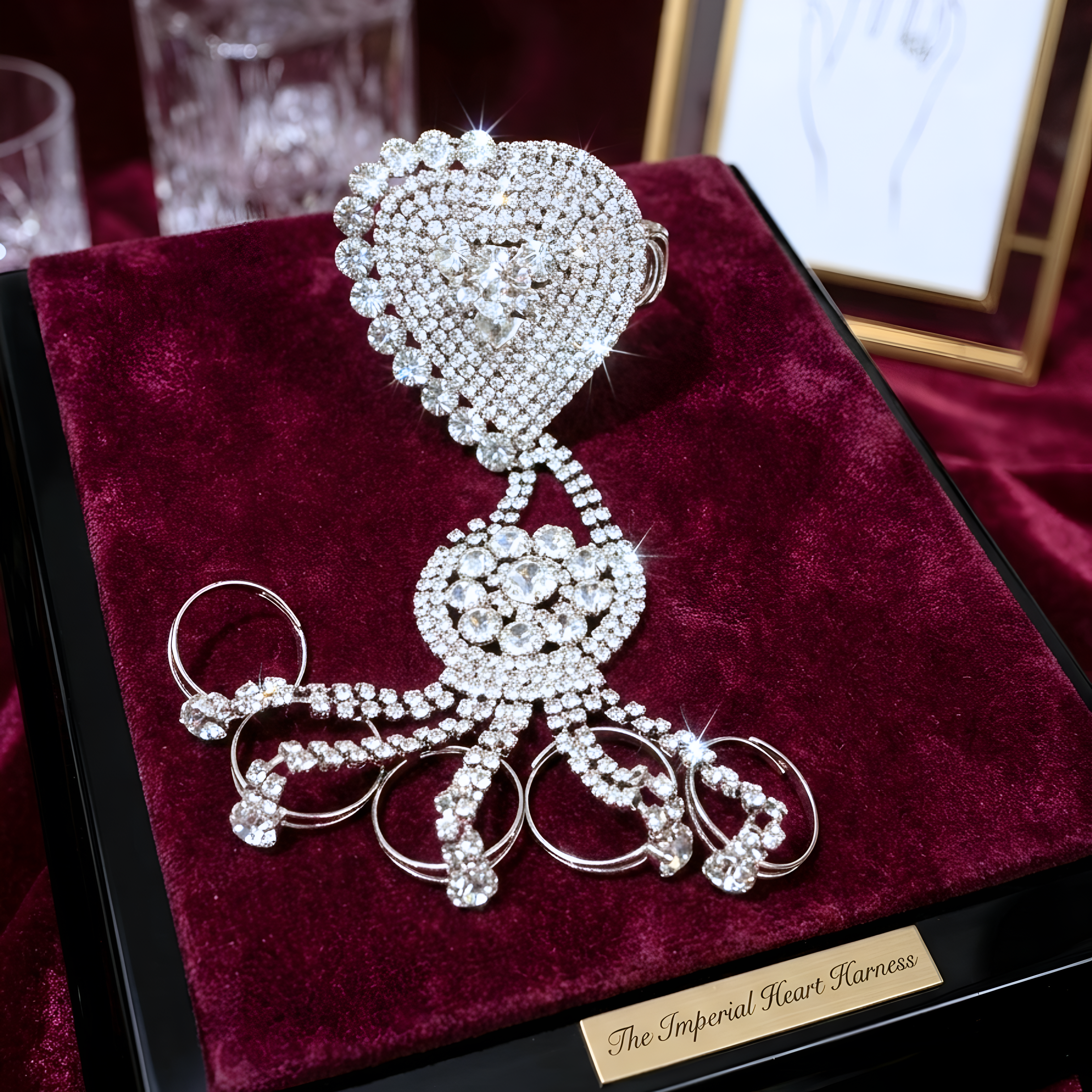 Complete Wedding Jewelry Set - Elegant Crystal Choker, Tikka & Integrated Hand-Flower with Rings